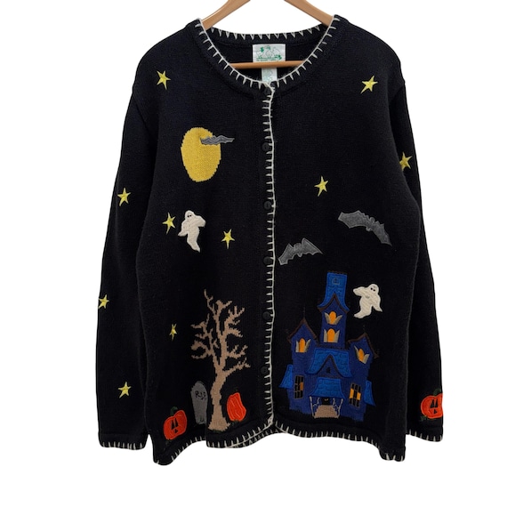 Vintage The Quacker Factory Cardigan Sweater Womens Large Black Halloween Haunted House