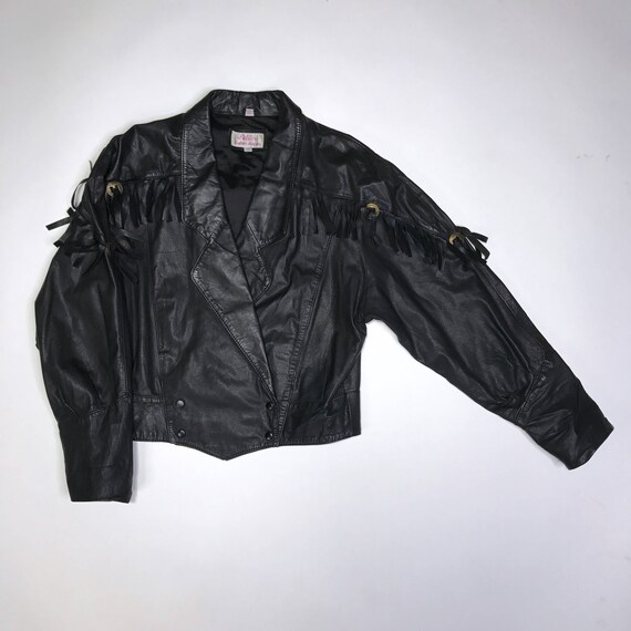 Black Leather Jacket Size Small With Fringe And Brass Colored Conchos
