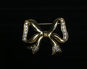 vintage gold tone bow PIN BROOCH with cubic zirconia gemstones