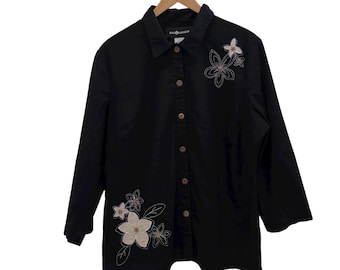 Vintage Black Linen Shirt With Embellished Floral Motif