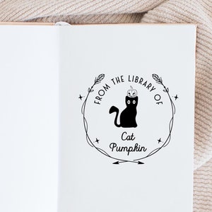 Sello de libro, sello de biblioteca, sello de goma, sello personalizado, sello personalizado, sello autoentintable, regalo personalizado, etiqueta de libro, gato, Halloween