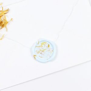 Lot de 10 cachets de cire de fleurs séchées | Sceaux de cire de bleuet jaune | Sceau de cire de pétales séchés | Sceaux de cire pour faire-part de mariage | Sceaux de cire de confettis