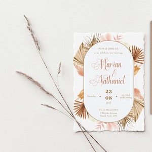 Suite di inviti per matrimonio con bordo a sbalzo / Inviti in carta di cotone / Inviti per matrimonio in carta fatta a mano / Inviti per matrimonio con fogliame essiccato