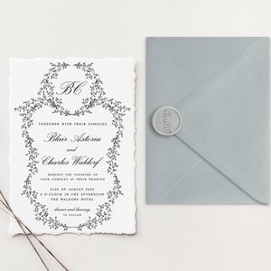 Suite per inviti di nozze Deckle Edge / Inviti di carta di cotone / Inviti di nozze di carta fatti a mano / Invito a nozze con bordo fogliame elegante