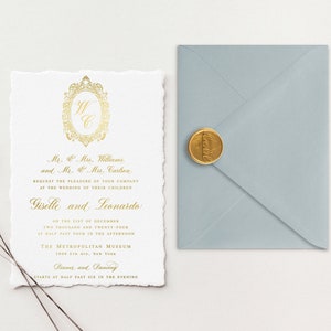 Faire-part de mariage imprimés en feuille d'or | Suite de faire-part de mariage Deckle Edge | Faire-part fait main en papier de coton | Papier fait main