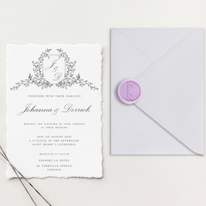 Suite per inviti di nozze Deckle Edge / Inviti di carta di cotone / Inviti di nozze di carta fatti a mano / Invito a nozze con monogramma elegante