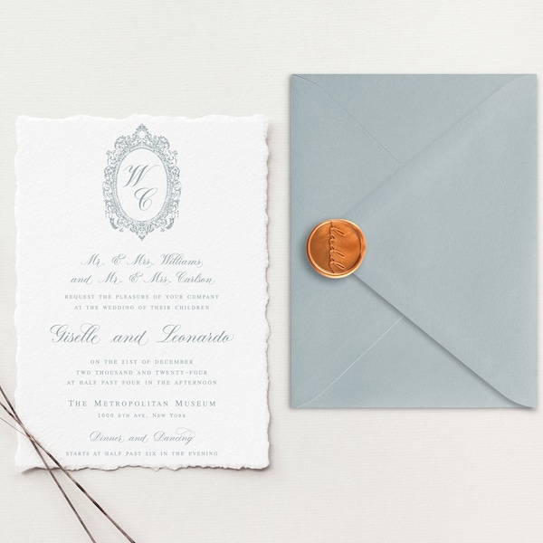 Deckle Edge Wedding Invitation Suite | Cotton Paper Invitations | Handmade Paper Wedding Invitations | Elegant Monogram Wedding Invitation