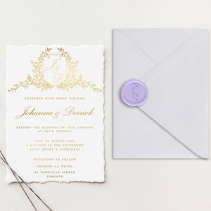 Inviti di nozze stampati in lamina d'oro / Suite di inviti di nozze con bordo frastagliato / Inviti in carta di cotone fatti a mano / Carta fatta a mano