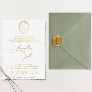 Inviti di nozze stampati in lamina d'oro / Suite di inviti di nozze con bordo frastagliato / Inviti in carta di cotone fatti a mano / Carta fatta a mano