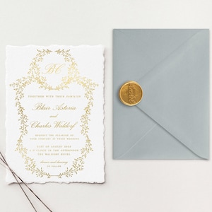 Inviti di nozze stampati in lamina d'oro / Suite di inviti di nozze con bordo frastagliato / Inviti in carta di cotone fatti a mano / Carta fatta a mano