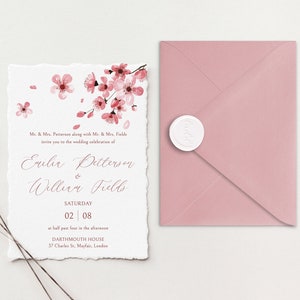 Suite per inviti di nozze Deckle Edge / Inviti di carta di cotone / Inviti di nozze di carta fatta a mano / Inviti di nozze con fiori di ciliegio