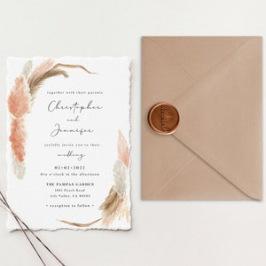 Suite per inviti di nozze Deckle Edge / Inviti di carta di cotone / Inviti di nozze di carta fatti a mano / Invito di nozze elegante Pampas