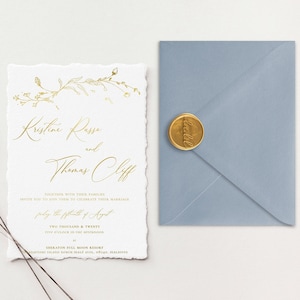 Inviti di nozze stampati in lamina d'oro / Suite di inviti di nozze con bordo frastagliato / Inviti in carta di cotone fatti a mano / Carta fatta a mano