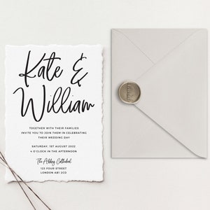 Suite per inviti di nozze Deckle Edge / Inviti di carta di cotone / Inviti di nozze di carta fatti a mano / Invito a nozze con sceneggiatura elegante