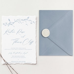Suite d’invitations de mariage Deckle Edge | Invitations en papier de coton | Invitations de mariage en papier faites à la main | Faire-part de mariage bleu élégant