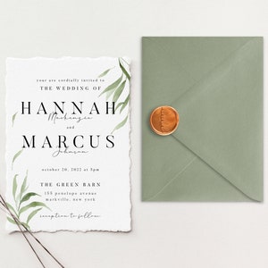 Suite per inviti di nozze Deckle Edge / Inviti di carta di cotone / Inviti di nozze di carta fatti a mano / Invito a nozze nel verde elegante