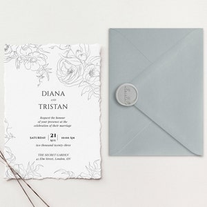 Suite per inviti di nozze Deckle Edge / Inviti di carta di cotone / Inviti di nozze di carta fatta a mano / Inviti di nozze con bordo floreale elegante