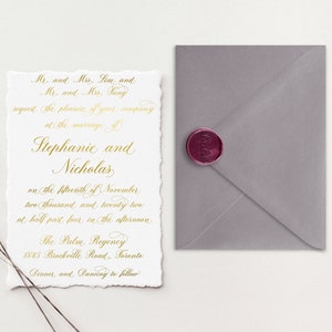 Inviti di nozze stampati in lamina d'oro / Suite di inviti di nozze con bordo frastagliato / Inviti in carta di cotone fatti a mano / Carta fatta a mano