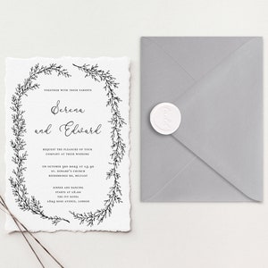 Suite per inviti di nozze Deckle Edge / Inviti di carta di cotone / Inviti di nozze di carta fatti a mano / Invito a nozze con bordo foglie