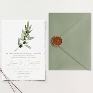 Suite di inviti di nozze Deckle Edge / Inviti di carta di cotone / Inviti di nozze di carta fatti a mano / Invito di nozze con olive