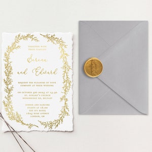 Inviti di nozze stampati in lamina d'oro / Suite di inviti di nozze con bordo frastagliato / Inviti in carta di cotone fatti a mano / Carta fatta a mano