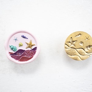 Timbro sigillo di cera spiaggia, sigillo di cera 3D, sigillo di cera estate, sigillo di cera natura, timbro di cera lettera, timbro di cera fustellato, timbro di cera stella marina, riva del mare