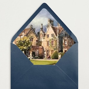 May include: A blue envelope with a vintage illustration of a stone building with a green lawn and trees. The building has multiple windows and a brown roof.