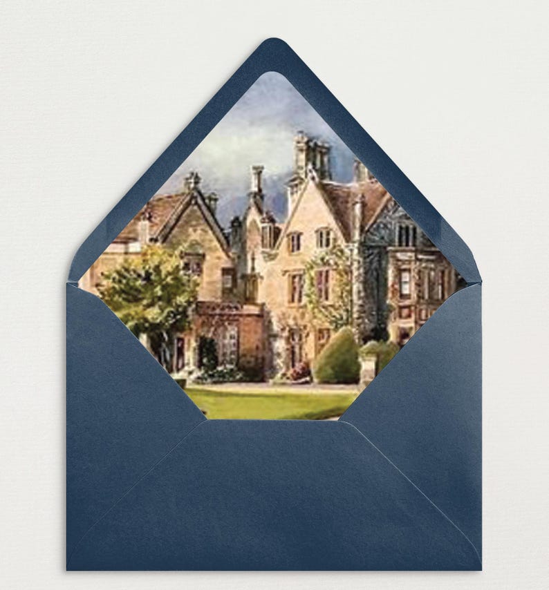 May include: A blue envelope with a vintage illustration of a stone building with a green lawn and trees. The building has multiple windows and a brown roof.