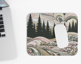 Trendy Art Deco Rectangle Mouse Pad, Aesthetic Art Nouveau Mouse Mat, Office Decor, Forest Woodland Trees Art, Gift for New Office