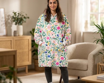 Watercolor Floral Hooded Blanket | Plush Fleece Cozy Throw, Lightweight Comfort