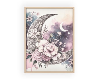 Boho Moon Floral Wooden Frame Wall Art Hanging, Bedroom Decorations for Wall, Baby Nursery Wall Art, Celestial Gifts for College Dorm Room