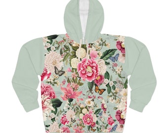 Heller floraler Sommer-Herbst-Unisex-Pullover-Hoodie, All-Over-Blumendruck, Geschenk für Sie, Sommer-Lagerfeuer-Hoodie, Geschenk für Mama