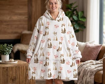 Watercolor Cat Lover Mom Pattern Hooded Blanket | Floral Cats Cozy Wearable Throw