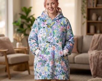 Oversized Floral Print Hooded Blanket – Cozy Fleece Pullover with White or Black Cuffs