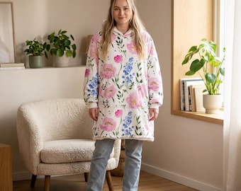 Pink Watercolor Poppies Bluebells Hooded Blanket | Floral Garden Wearable Fleece