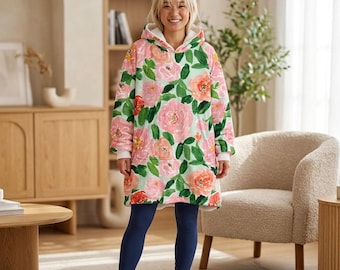 Pink Watercolor Roses Hooded Blanket | Floral Fleece Wearable Throw, Cozy Home Comfort