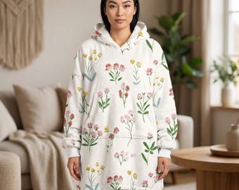 Watercolor Wildflowers Hooded Blanket | Cozy Floral Fleece Throw, Lightweight Comfort