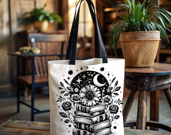 Celestial Esoteric Floral Book Bag, Book Haul Bag, Book Store Tote Bag, Reusable Library Bag, Aesthetic Trendy Tote Bag, Gift for Book Lover