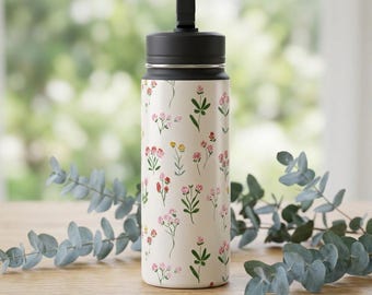 Pink Wildflower Pattern Mini Water Bottle | 20oz Floral Stainless Bottle I Christmas Gift Secret Santa White Elephant