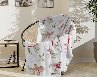 Watercolor Gingerbread & Poinsettia Blanket Velveteen Microfiber Blanket | Holiday Christmas Throw