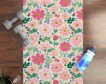 Pink Floral Pattern Rubber Yoga Mat | Flower Garden Non-Slip Mat