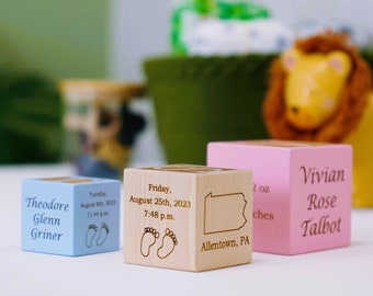 Personalized Wooden Baby Block/Cube with Birth Stats, Name, Natural, Blue, or Pink