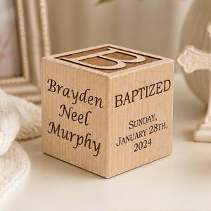Personalized Baby Baptism, Dedication, or Christening Wooden Block, Made in USA, Natural, Pink, Blue