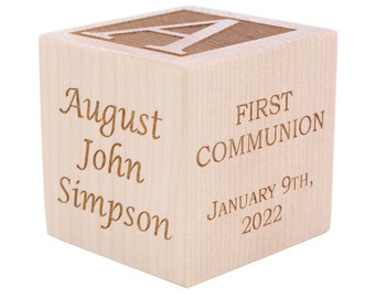 Personalized First Communion, Baptism Gift, First Communion Block, Baby Dedication Gift, Wooden Engraved Baby Block, Unique Communion Gift