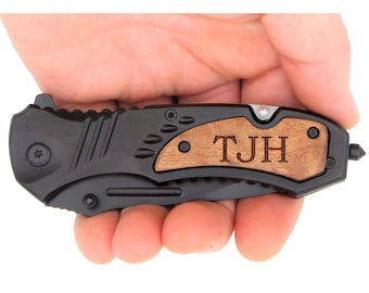 Laser Engraved Tactical Pocket Knife, Personalized Wood Handle, Partially Serrated Stainless Steel Blade