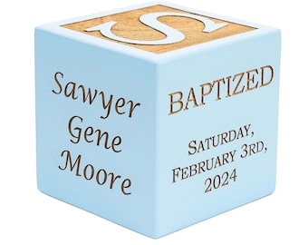 Engraved Personalized Baby Baptism, Dedication, or Christening Wooden Block, Made in USA, Natural, Pink, Blue