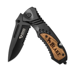 Personalized Laser Engraved Pocket Knife, Partially Serrated Stainless Steel Blade, Can Opener, Black