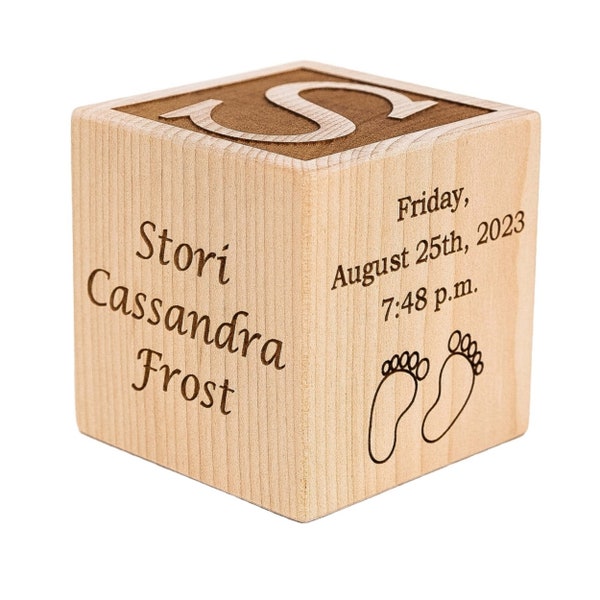 Personalized Newborn Baby Wooden Cube with Birth Stats, Natural, Pink, or Blue, 3 sizes