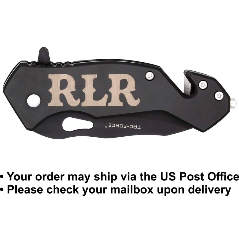 May include: Black pocket knife with a silver blade and a safety feature. The knife has a black handle with the letters "RLR" engraved on it.