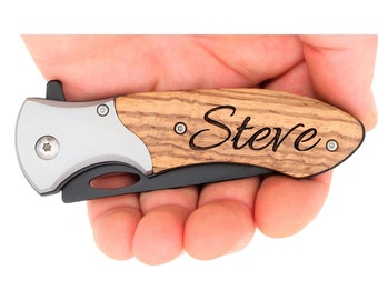 Personalized Hunting Pocket Knife with Wooden Handle, Assisted Opening Blade
